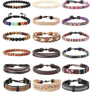 18Pcs Leather Bead Tribal Bracelet for Men Women Charm Ethnic Wood Beaded